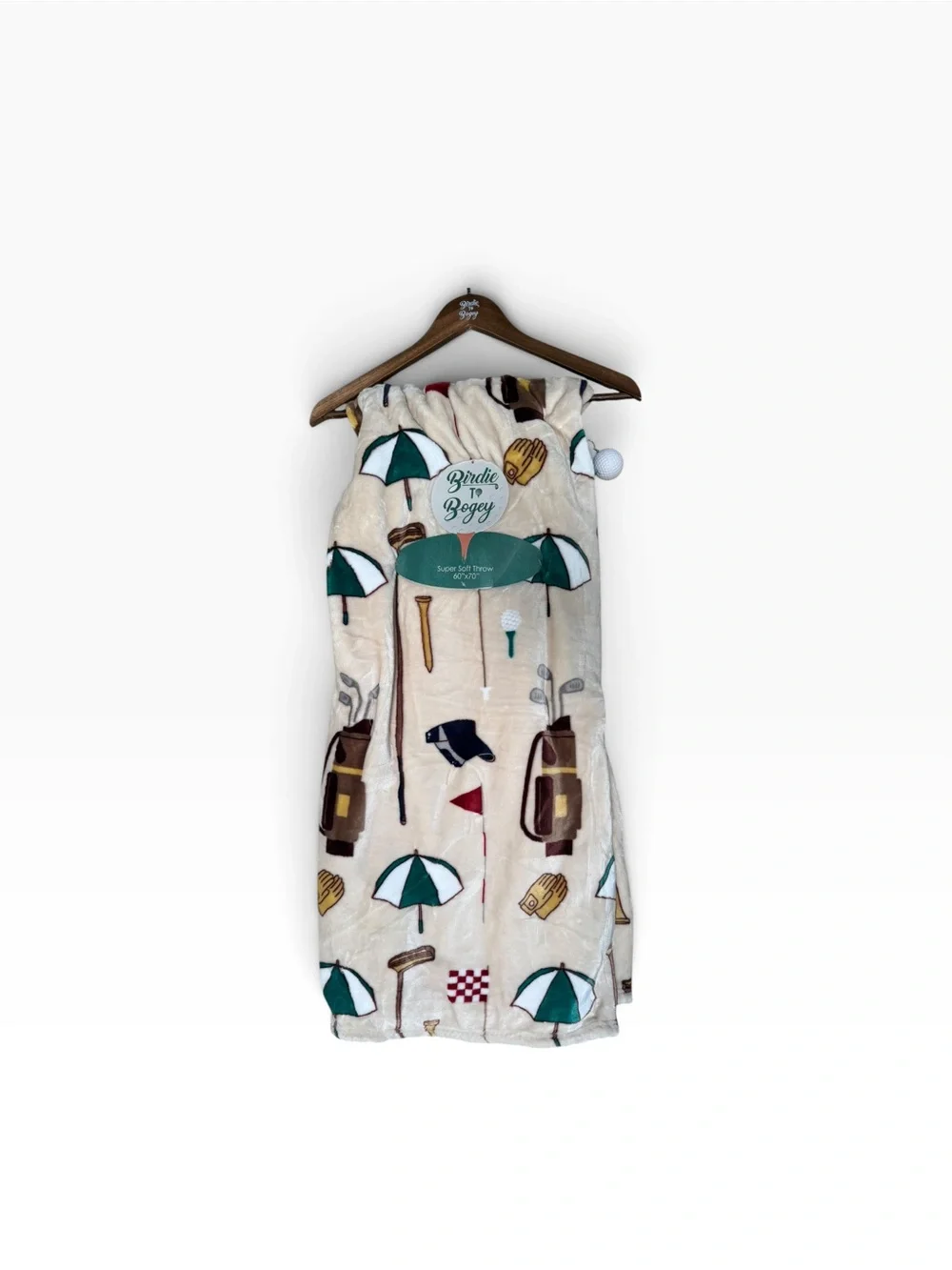 Birdie To Bogey Beige Throw Blanket with Golf and Golf Bag and Umbrella Motif